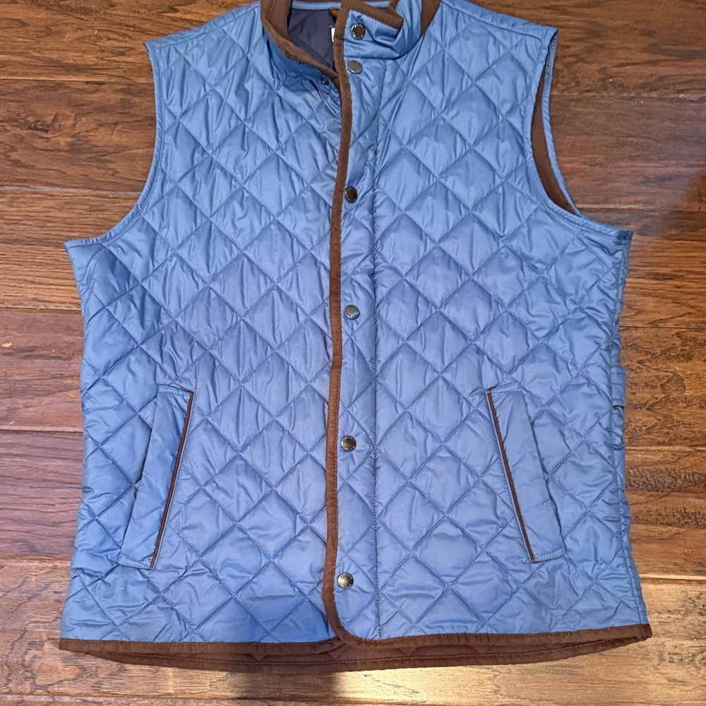 Peter Millar Sky Blue Quilted Vest with Brown Trim